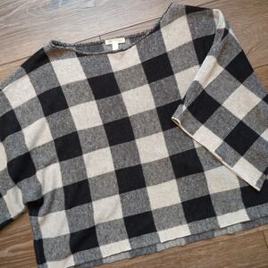 Eileen Fisher Organic Linen Short Sleeve Crop Blouse Shirt - Black White Check L